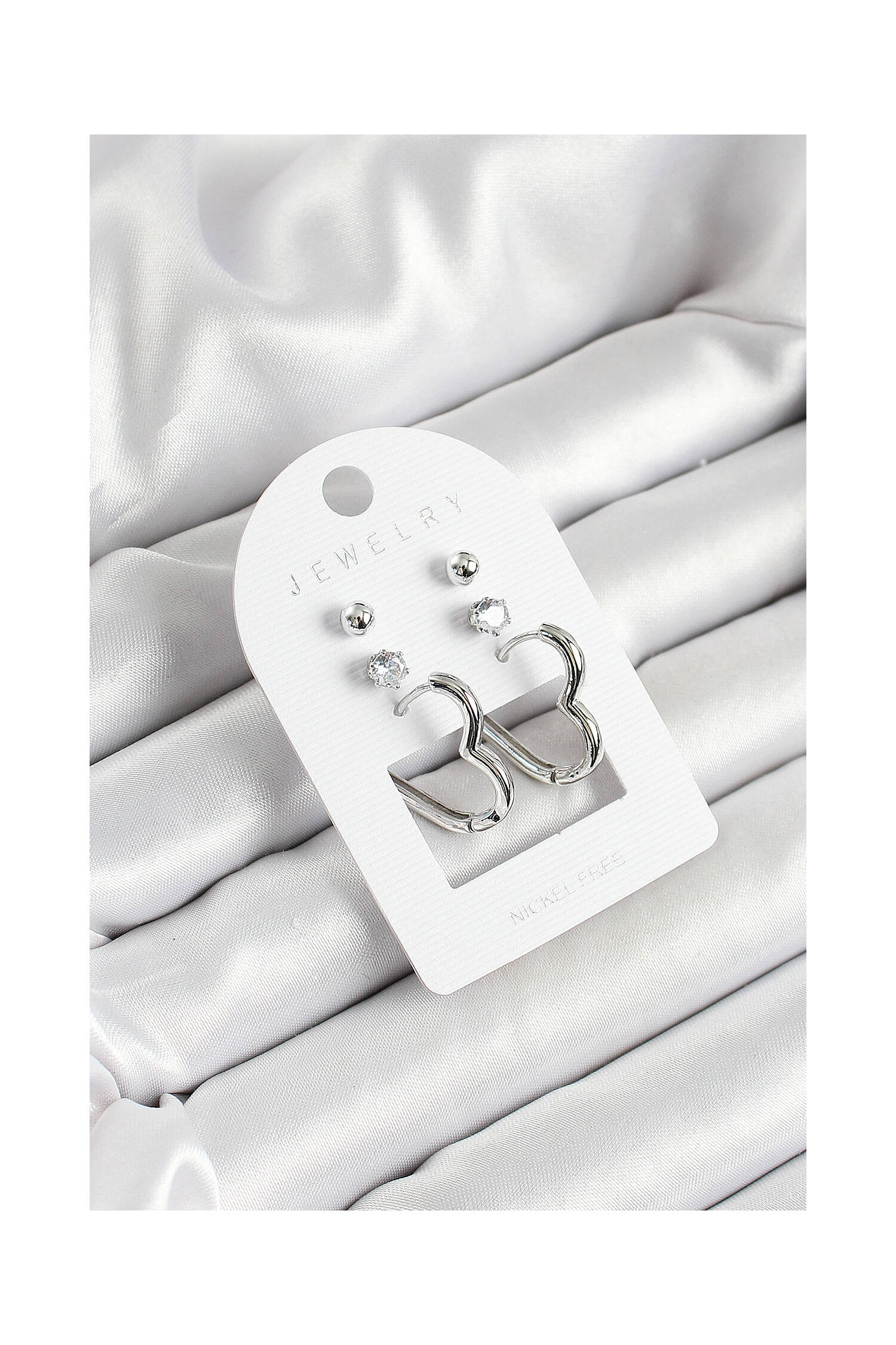 Brass Zircon Stone And Heart Figured Silver Color 3 Pcs Couple Women Earrings Set - Brand: Ebijuteri - Women's Clothing Wholesale - Globality Store