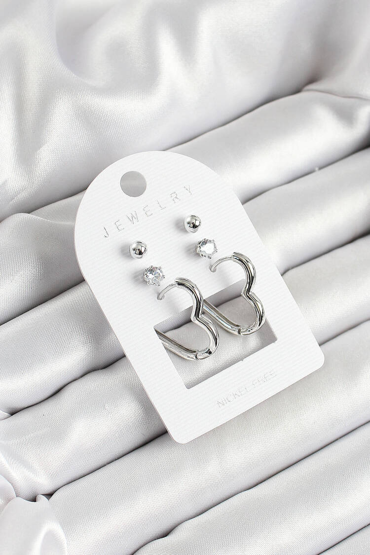 Brass Zircon Stone And Heart Figured Silver Color 3 Pcs Couple Women Earrings Set - Brand: Ebijuteri - Women's Clothing Wholesale - Globality Store