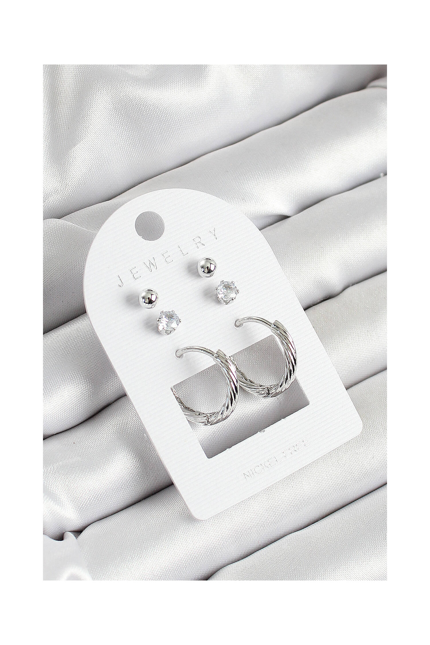 Brass Zircon Stone And Ring Figured Silver Color 3 Pcs Couple Women Earrings Set - Brand: Ebijuteri - Women's Clothing Wholesale - Globality Store