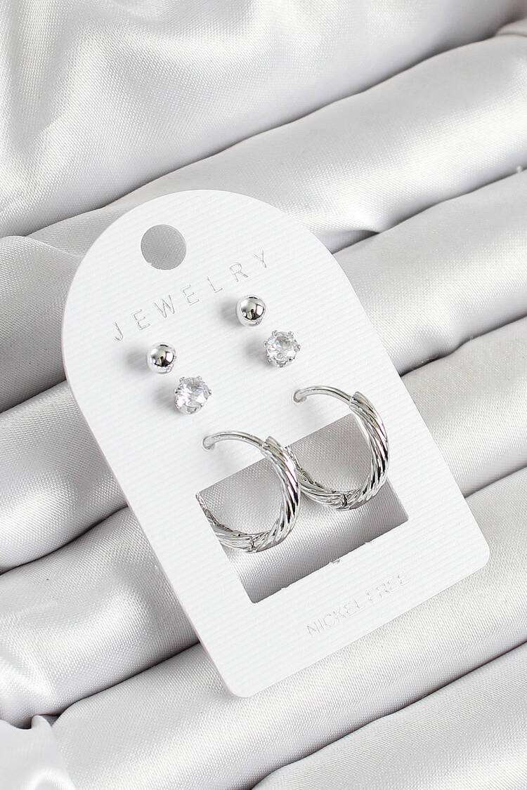 Brass Zircon Stone And Ring Figured Silver Color 3 Pcs Couple Women Earrings Set - Brand: Ebijuteri - Women's Clothing Wholesale - Globality Store