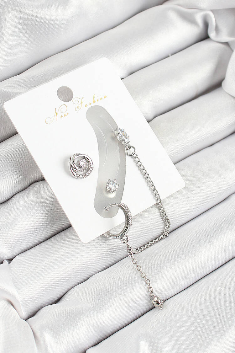 Brass Ring Figured Zircon Stone Silver Color 3 Piece Cartilage Women Earrings Set - Brand: Ebijuteri - Women's Clothing Wholesale - Globality Store