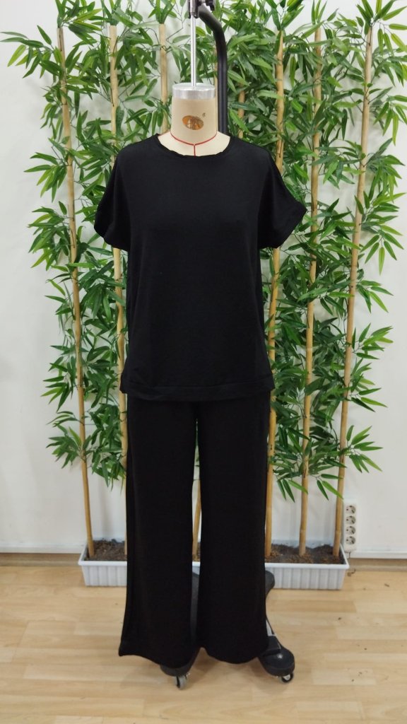 Women's Short Sleeve Crew Neck Viscose Two Thread Blouse And Pants Double Set
