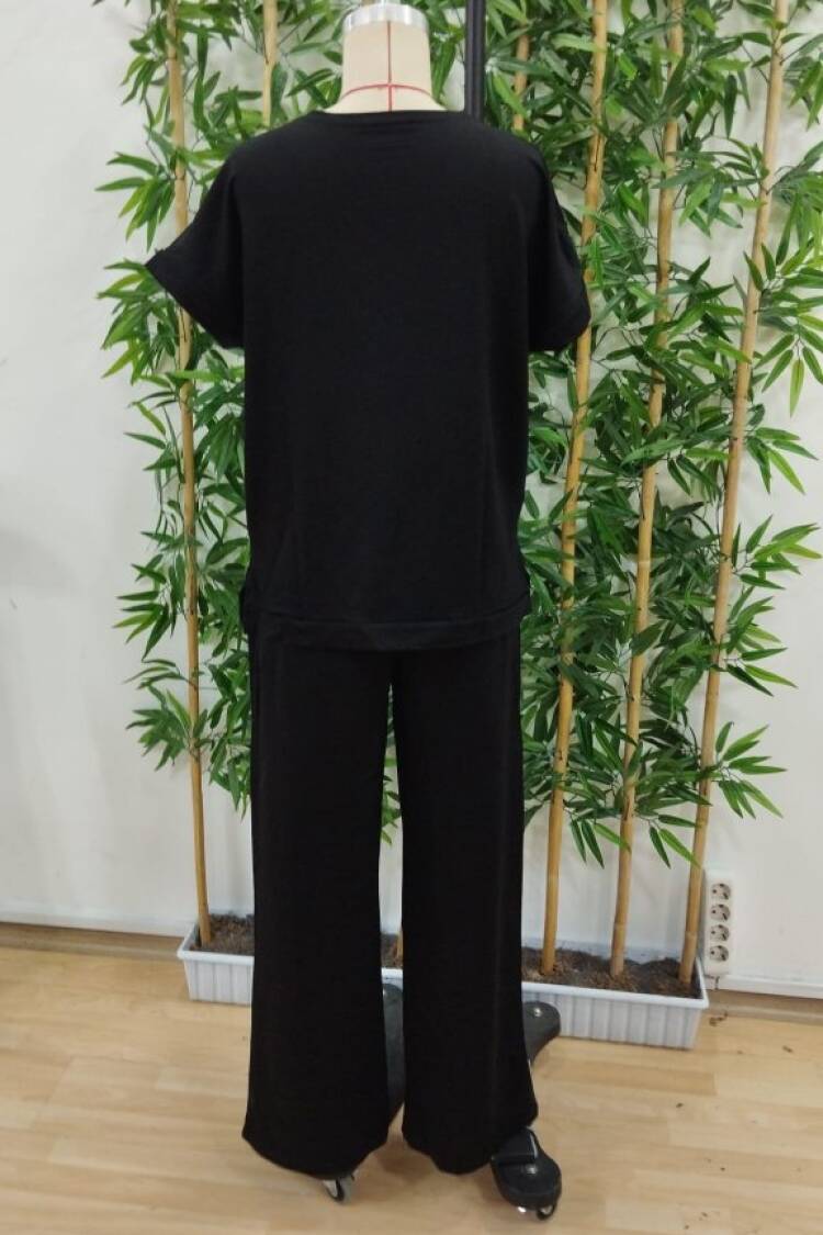 Women's Short Sleeve Crew Neck Viscose Two Thread Blouse And Pants Double Set