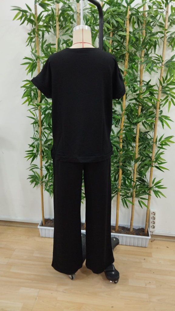 Women's Short Sleeve Crew Neck Viscose Two Thread Blouse And Pants Double Set
