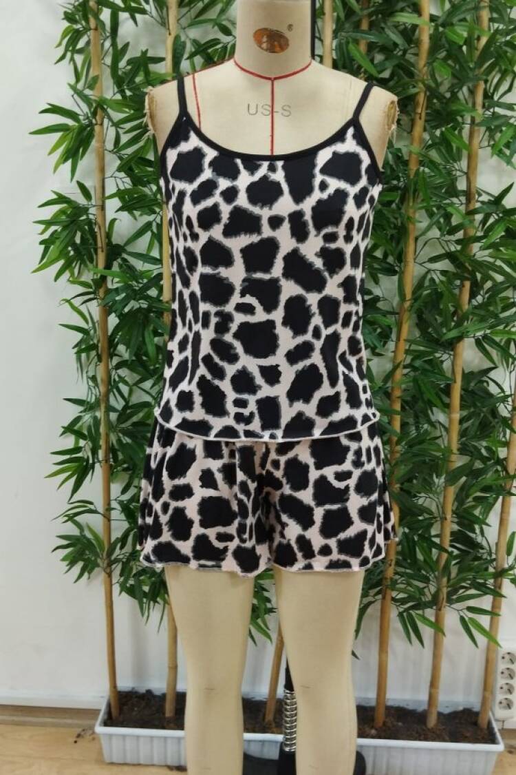 Women's Rope Strap Round Neck Blouse And Short Suit Double Suit - Leopard