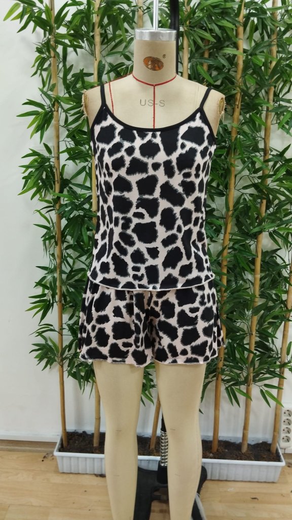 Women's Rope Strap Round Neck Blouse And Short Suit Double Suit - Leopard