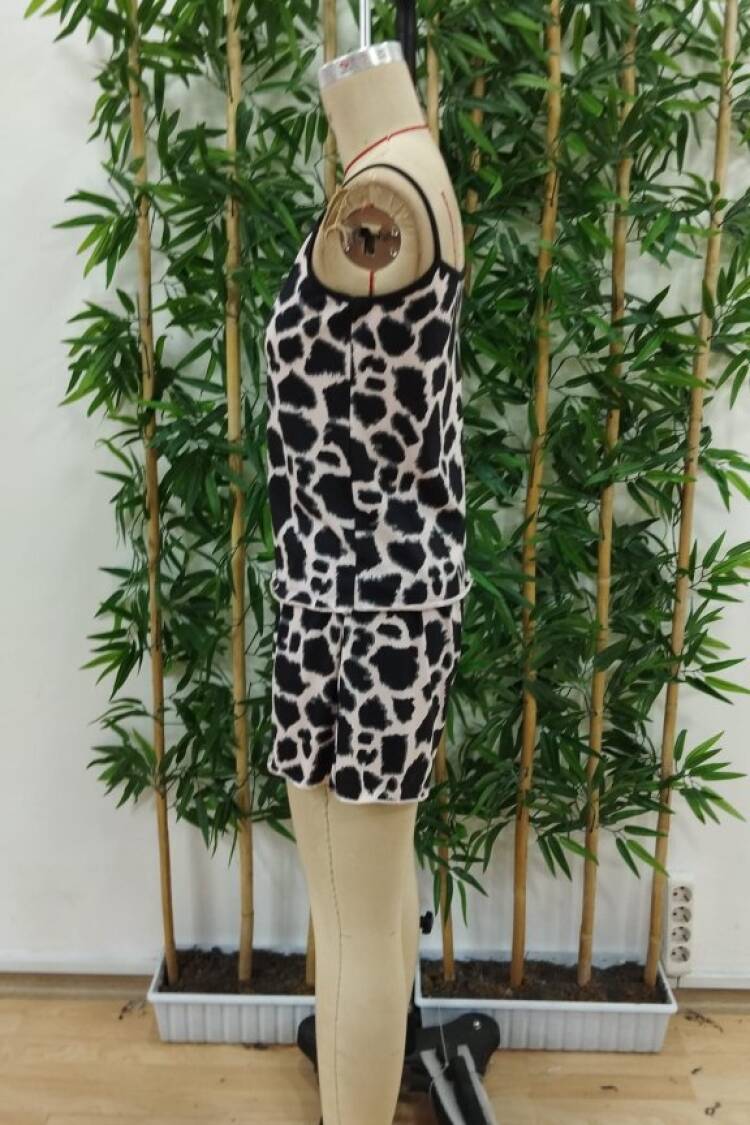 Women's Rope Strap Round Neck Blouse And Short Suit Double Suit - Leopard