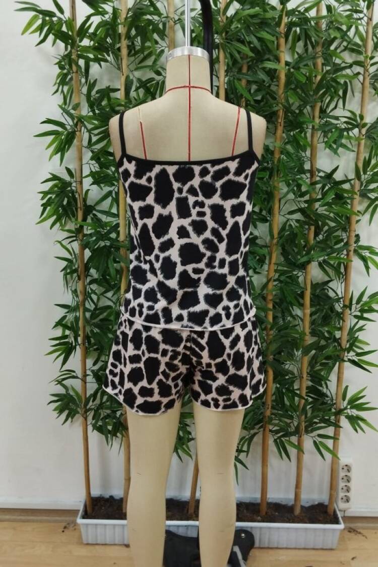 Women's Rope Strap Round Neck Blouse And Short Suit Double Suit - Leopard