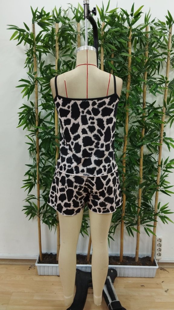 Women's Rope Strap Round Neck Blouse And Short Suit Double Suit - Leopard