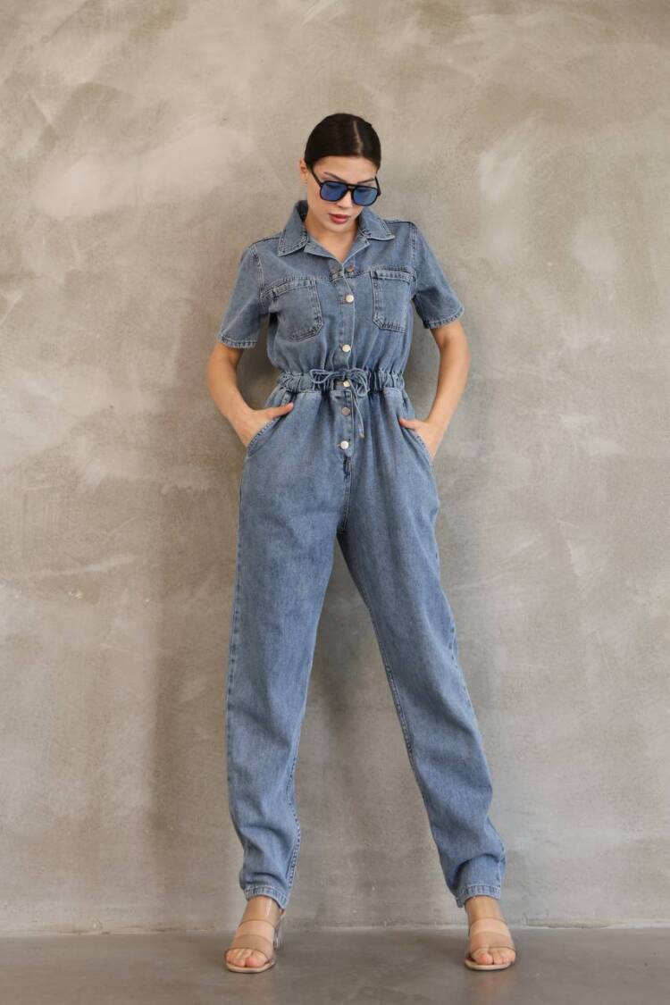 Denim Jumpsuit With Elastic Waist