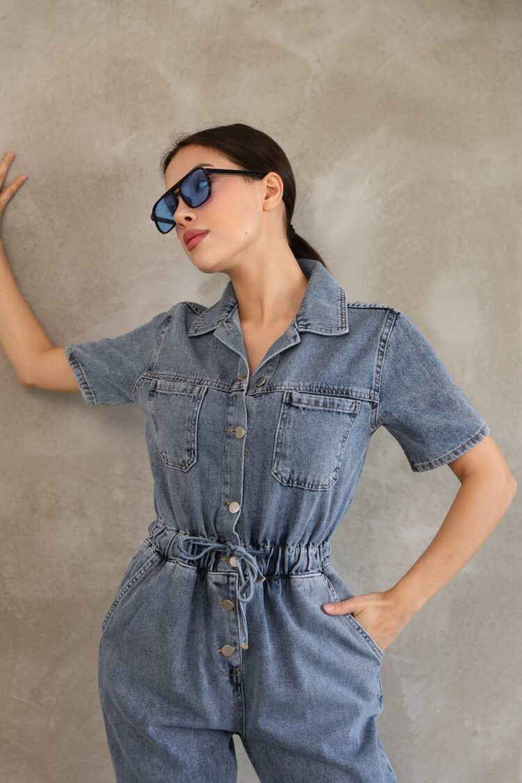Denim Jumpsuit With Elastic Waist
