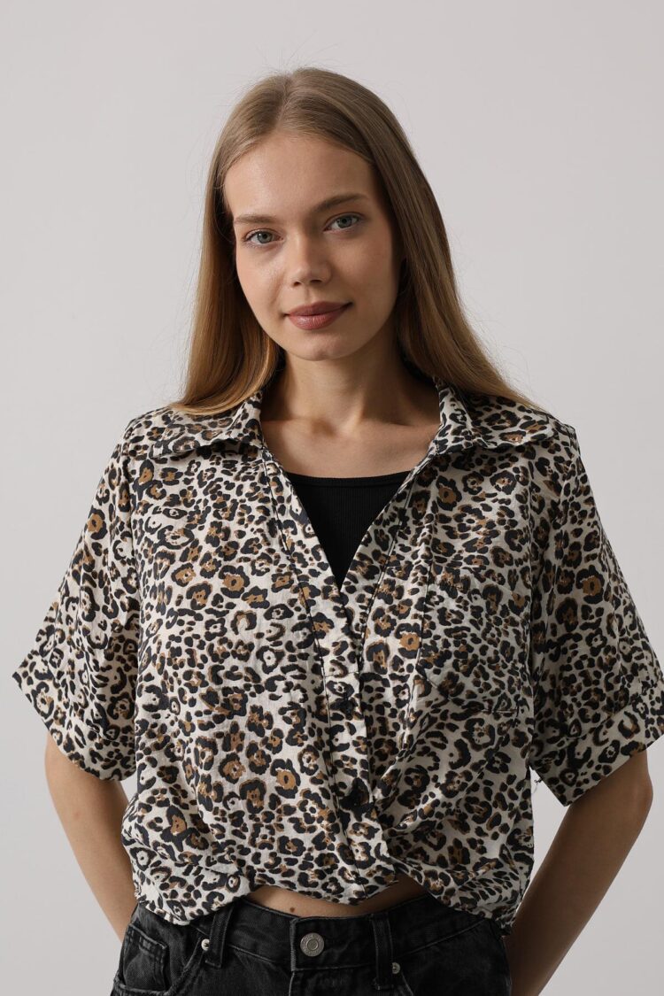 Garnished Leopard Pattern Shirt - Leopard - Brand: Reyon - Women's Clothing Wholesale - Globality Store
