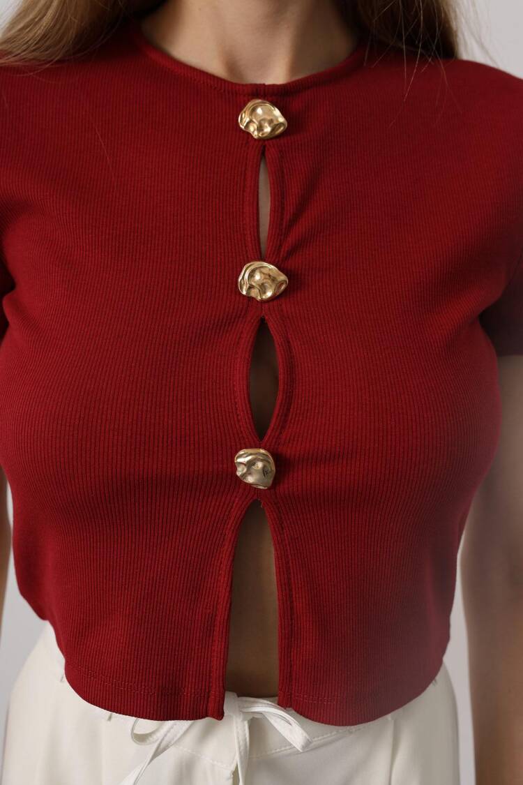 Short Sleeve Button Top - Burgundy
