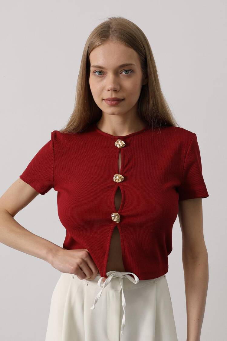 Short Sleeve Button Top - Burgundy - Brand: Reyon - Women's Clothing Wholesale - Globality Store