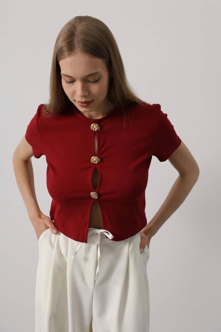 Short Sleeve Button Top - Burgundy