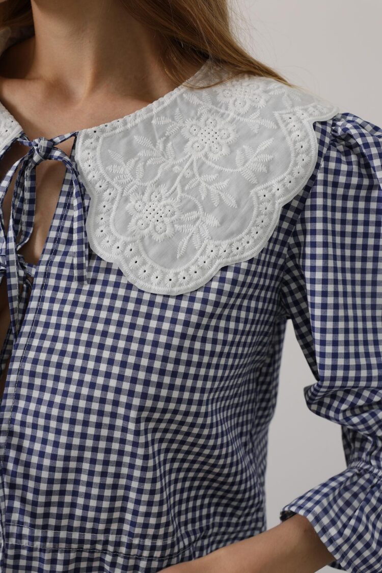 Lace Collar Square Pattern Suit - Navy