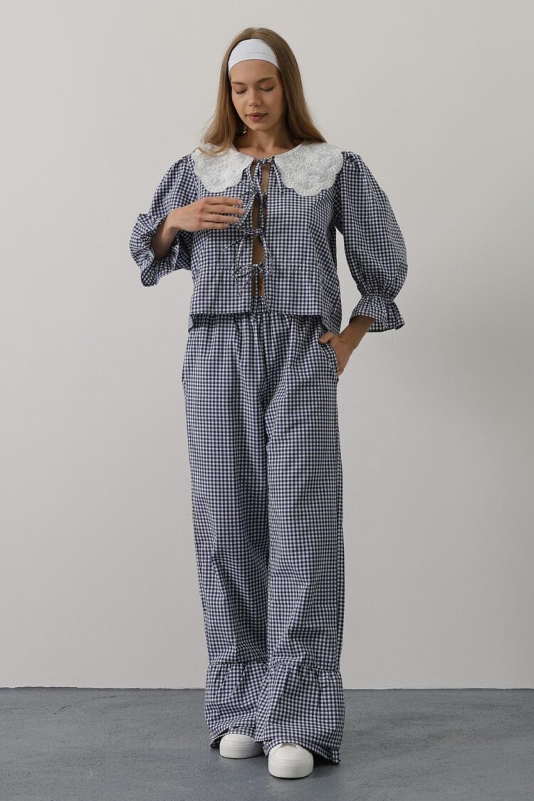 Lace Collar Square Pattern Suit - Navy