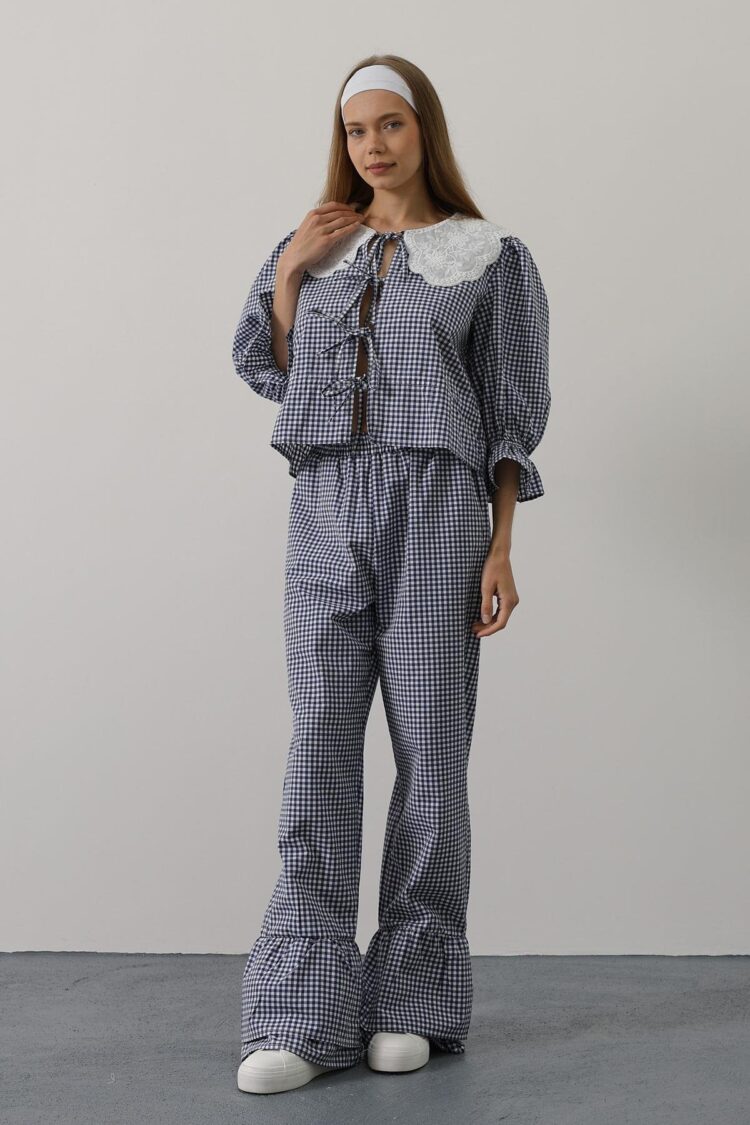 Lace Collar Square Pattern Suit - Navy - Brand: Reyon - Women's Clothing Wholesale - Globality Store