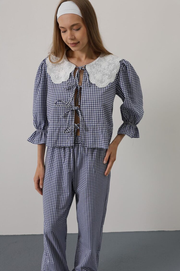 Lace Collar Square Pattern Suit - Navy
