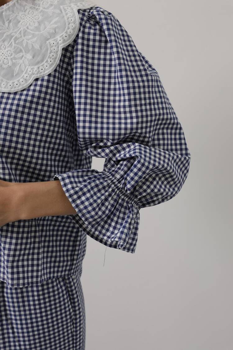 Lace Collar Square Pattern Suit - Navy