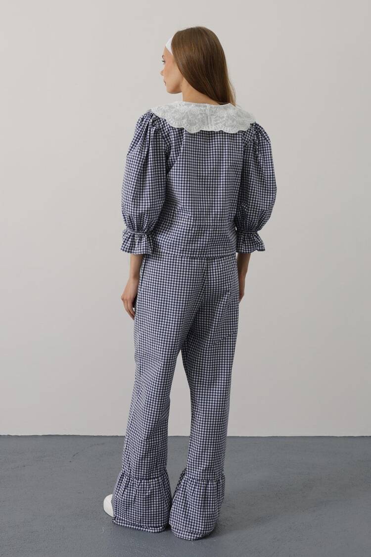 Lace Collar Square Pattern Suit - Navy