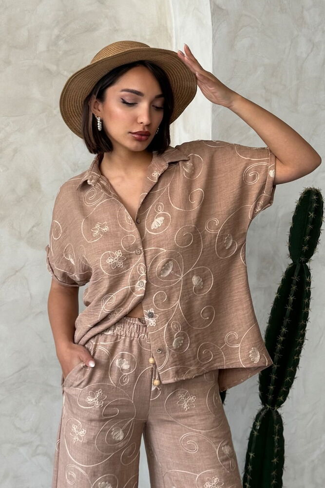 Embroidered Shirt - Light Brown Dsn2 - Brand: Topshow - Women's Clothing Wholesale - Globality Store