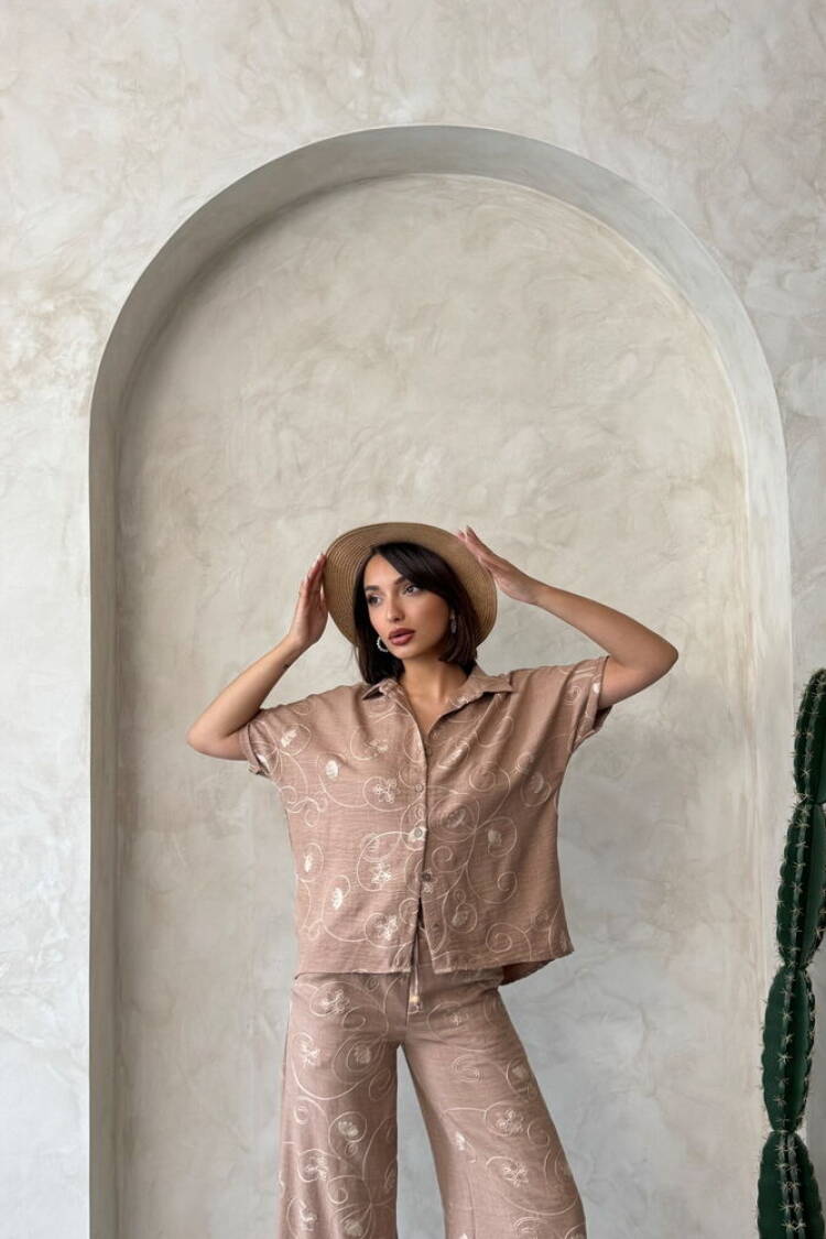 Embroidered Shirt - Light Brown Dsn2