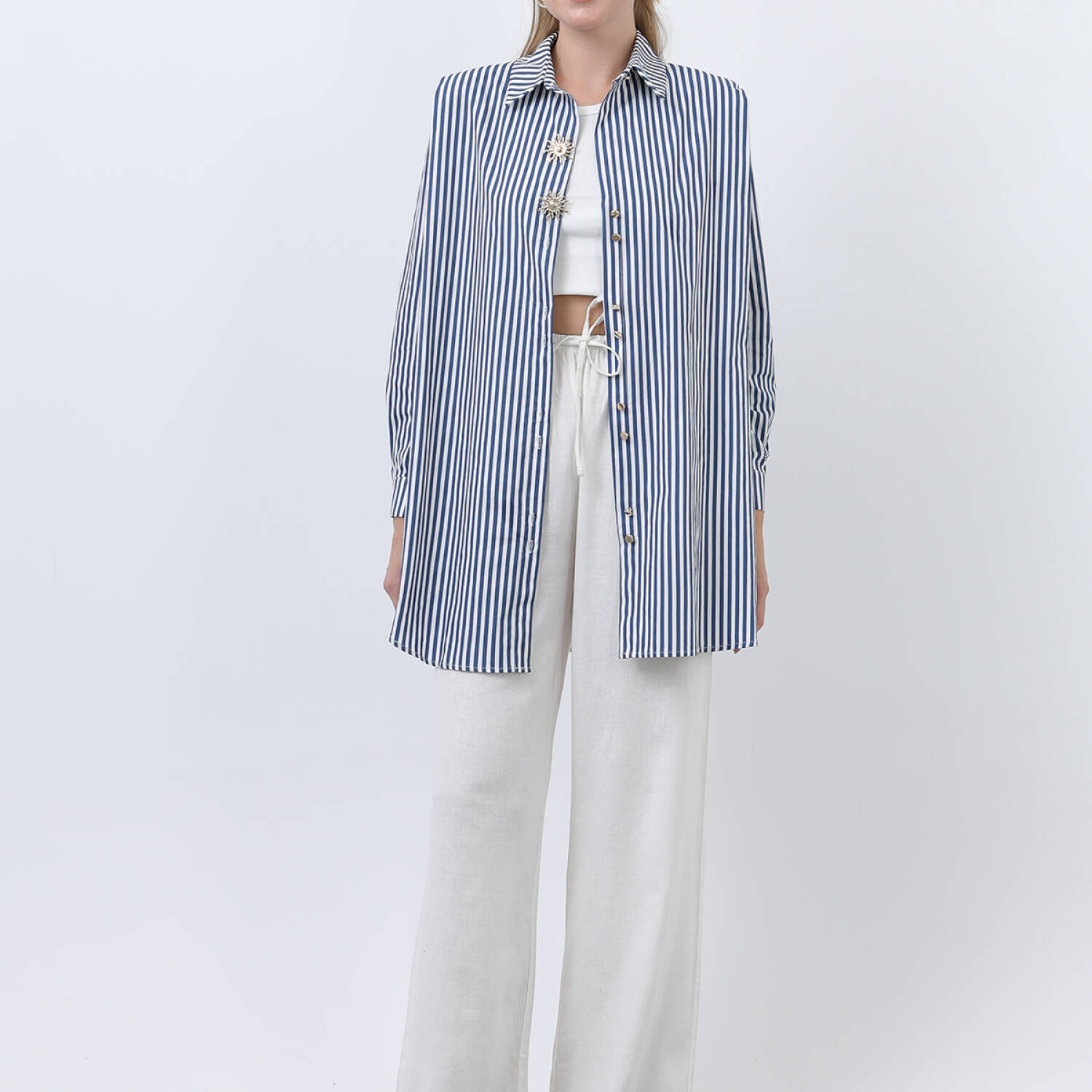 Women's Striped Brooch Detailed Shirt - Brand: Puane - Women's Clothing Wholesale - Globality Store