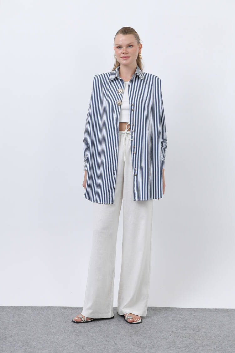 Women's Striped Brooch Detailed Shirt - Brand: Puane - Women's Clothing Wholesale - Globality Store