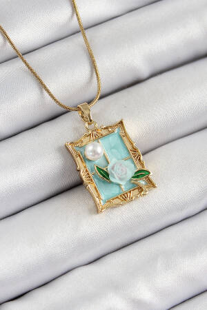 316l Steel Chain Turquoise Artistic Portrait Pearl Detailed Rose Figured Pattern Gold Color Women Necklace - Brand: Ebijuteri - Women's Clothing Wholesale - Globality Store