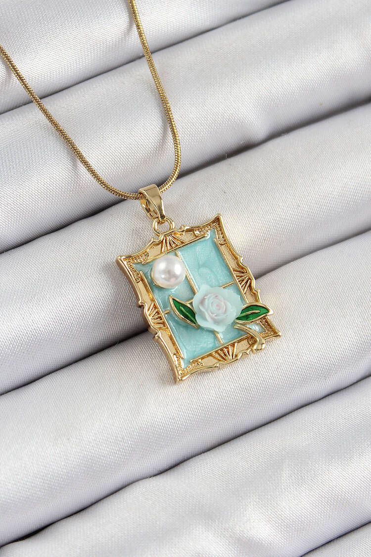 316l Steel Chain Turquoise Artistic Portrait Pearl Detailed Rose Figured Pattern Gold Color Women Necklace - Brand: Ebijuteri - Women's Clothing Wholesale - Globality Store