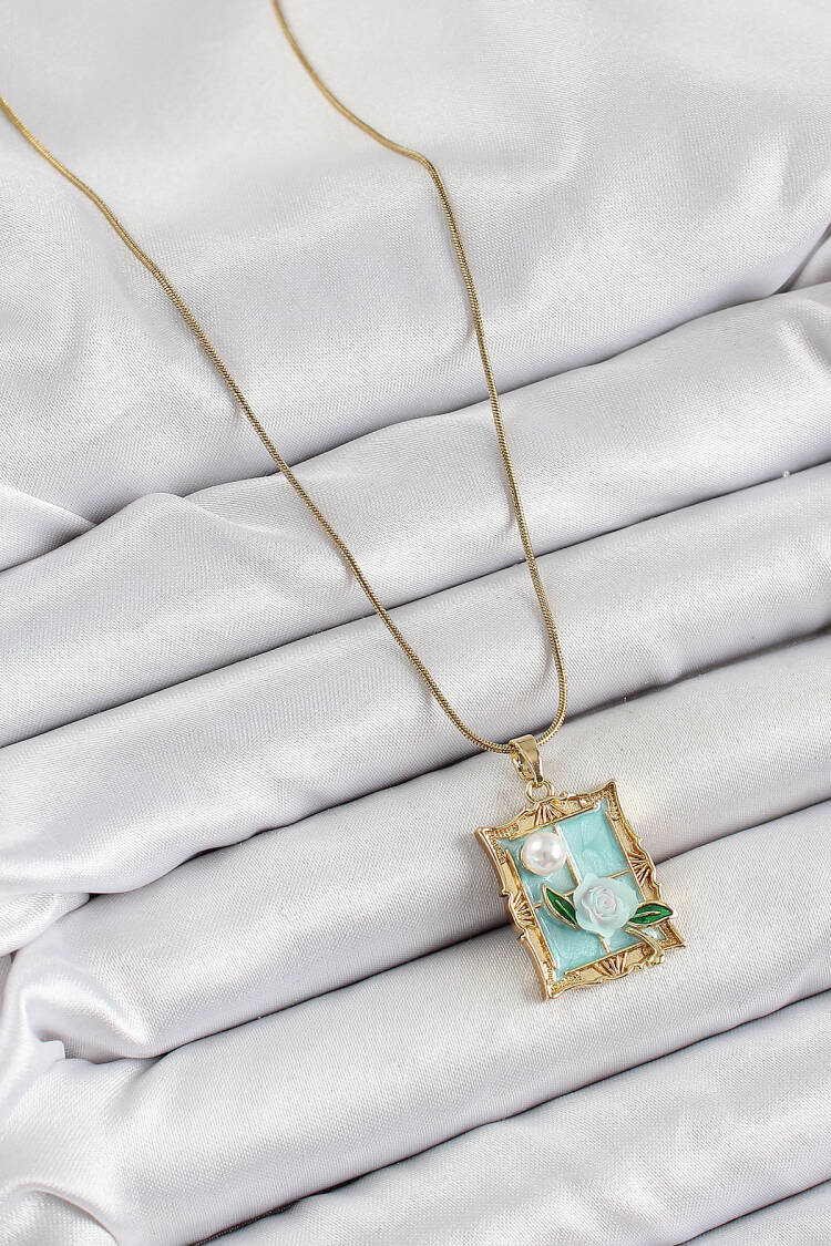 316l Steel Chain Turquoise Artistic Portrait Pearl Detailed Rose Figured Pattern Gold Color Women Necklace