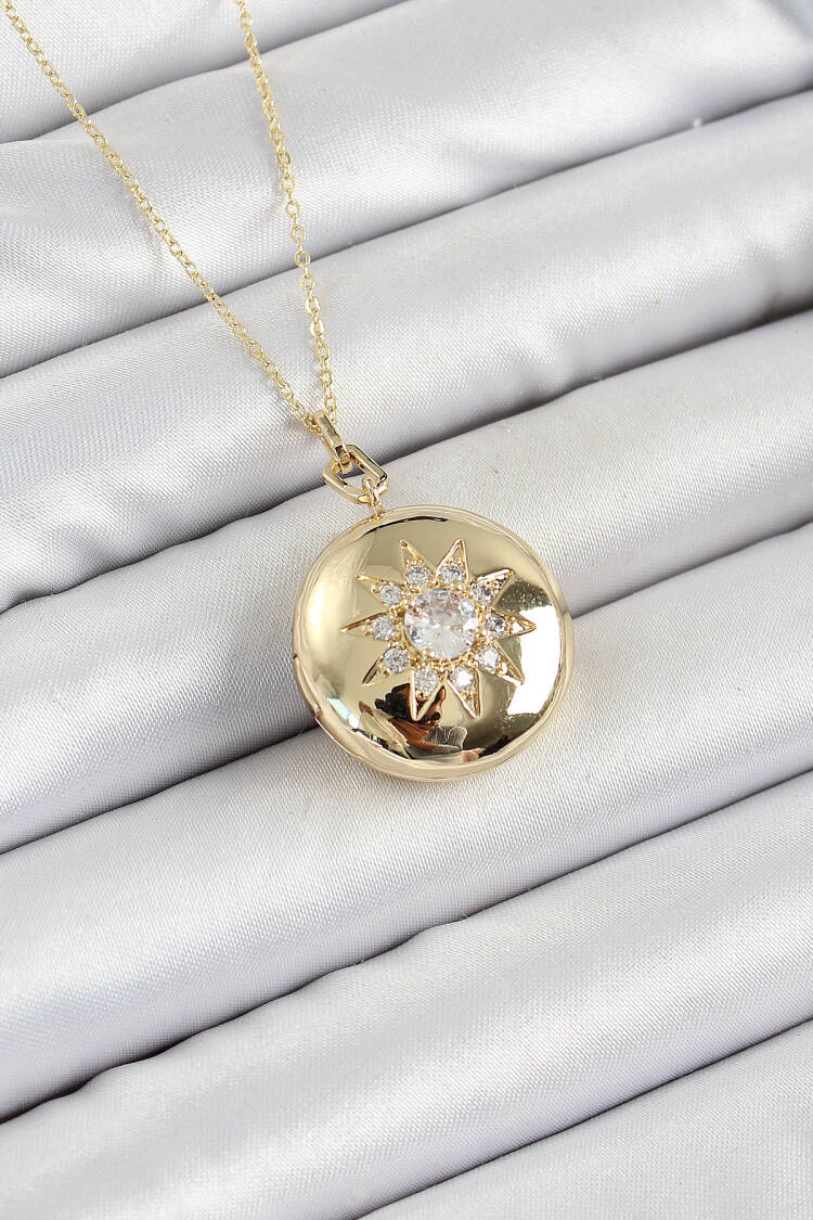 316l Steel Chain Openable Locket Model Zircon Stone Gold Color Women Necklace - Brand: Ebijuteri - Women's Clothing Wholesale - Globality Store