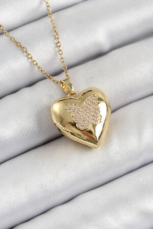 316l Steel Chain Openable Butterfly Figured Heart Model Zircon Stone Gold Color Women Necklace - Brand: Ebijuteri - Women's Clothing Wholesale - Globality Store