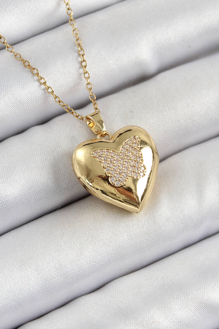 316l Steel Chain Openable Butterfly Figured Heart Model Zircon Stone Gold Color Women Necklace - Brand: Ebijuteri - Women's Clothing Wholesale - Globality Store