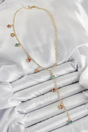 Brass Assorted Heart Model Gold Color Zircon Stone Y Necklace - Brand: Ebijuteri - Women's Clothing Wholesale - Globality Store