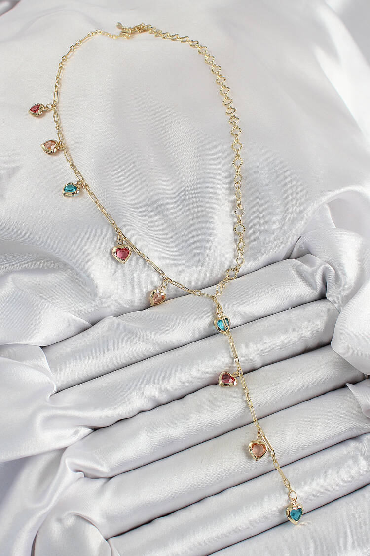 Brass Assorted Heart Model Gold Color Zircon Stone Y Necklace