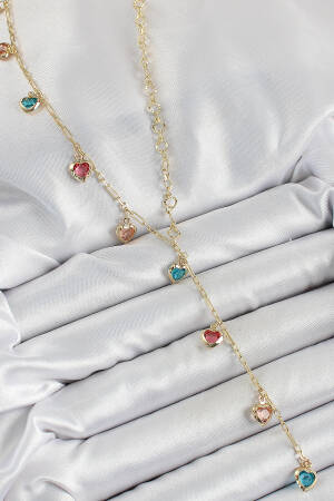 Brass Assorted Heart Model Gold Color Zircon Stone Y Necklace - Brand: Ebijuteri - Women's Clothing Wholesale - Globality Store