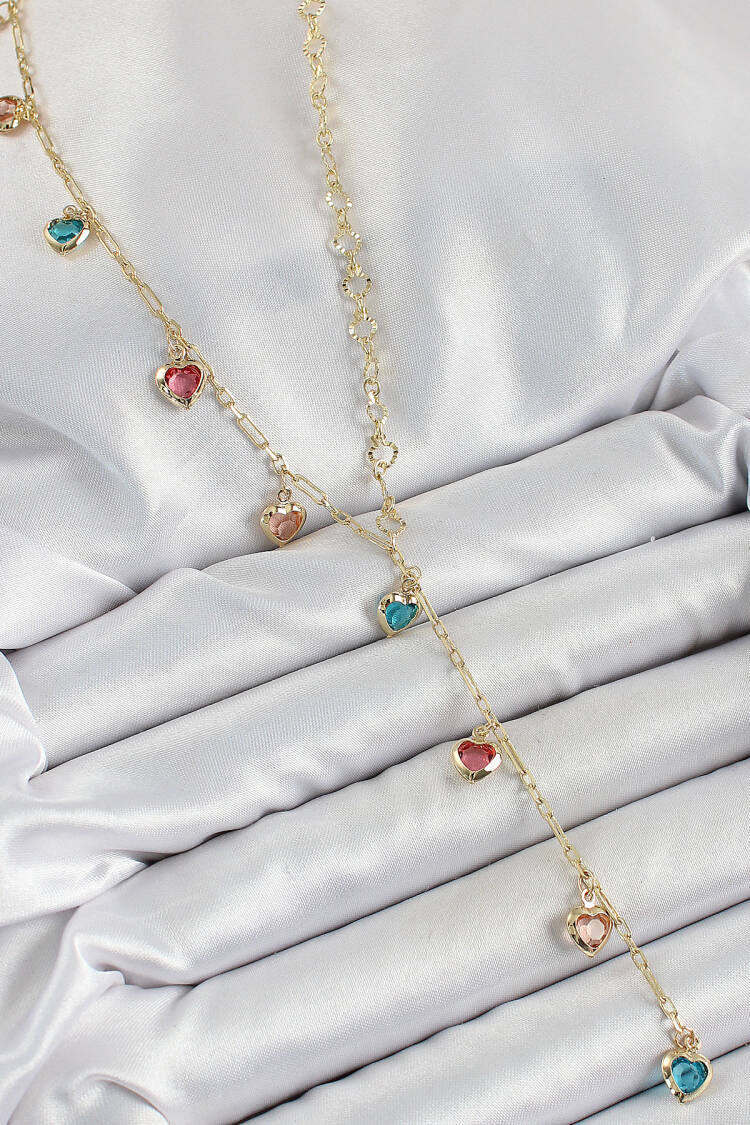 Brass Assorted Heart Model Gold Color Zircon Stone Y Necklace - Brand: Ebijuteri - Women's Clothing Wholesale - Globality Store
