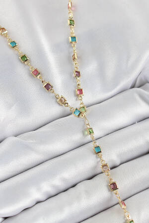 Brass Assorted Square Pattern Gold Color Zircon Stone Y Necklace - Brand: Ebijuteri - Women's Clothing Wholesale - Globality Store