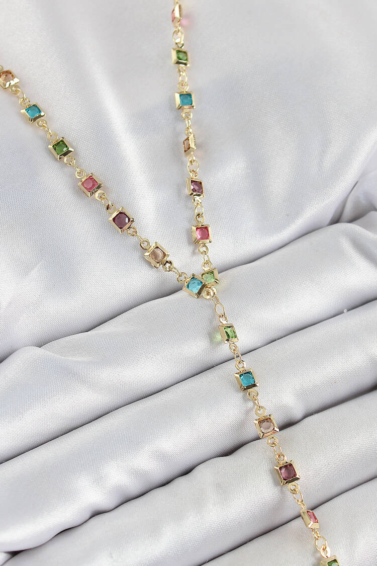 Brass Assorted Square Pattern Gold Color Zircon Stone Y Necklace - Brand: Ebijuteri - Women's Clothing Wholesale - Globality Store