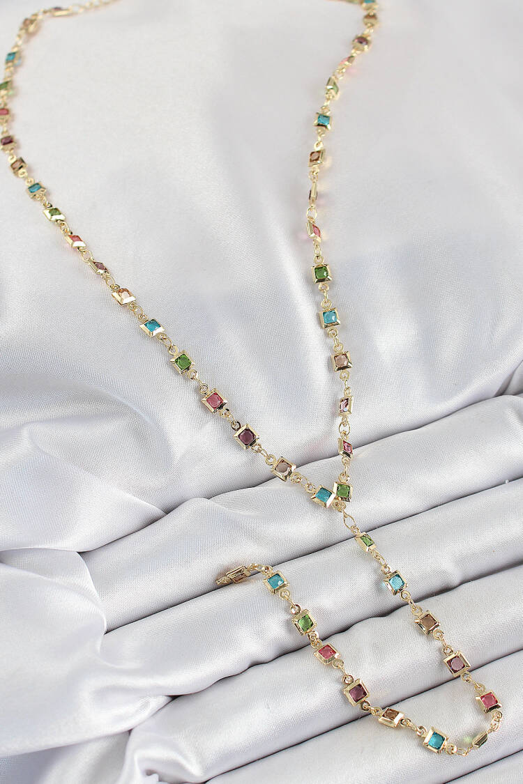 Brass Assorted Square Pattern Gold Color Zircon Stone Y Necklace