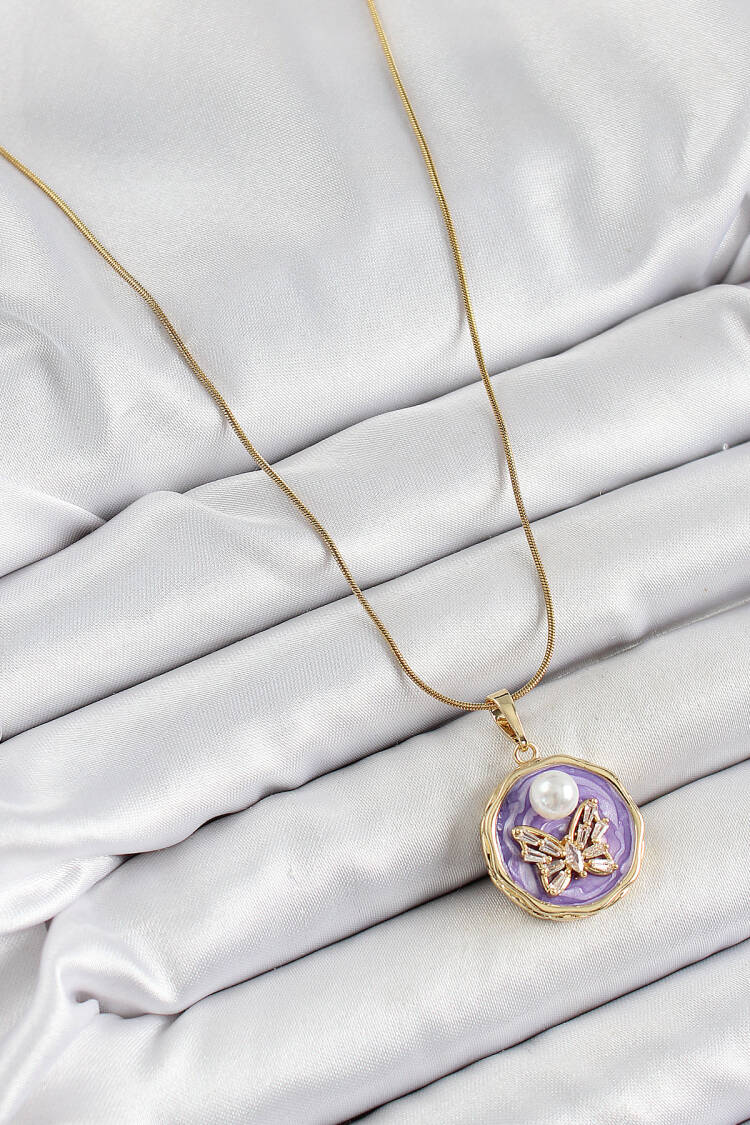 316l Steel Chain Zircon Stone Purple Artistic Portrait Pearl Detailed Butterfly Model Gold Color Women Necklace