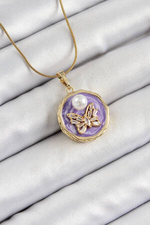 316l Steel Chain Zircon Stone Purple Artistic Portrait Pearl Detailed Butterfly Model Gold Color Women Necklace - Brand: Ebijuteri - Women's Clothing Wholesale - Globality Store