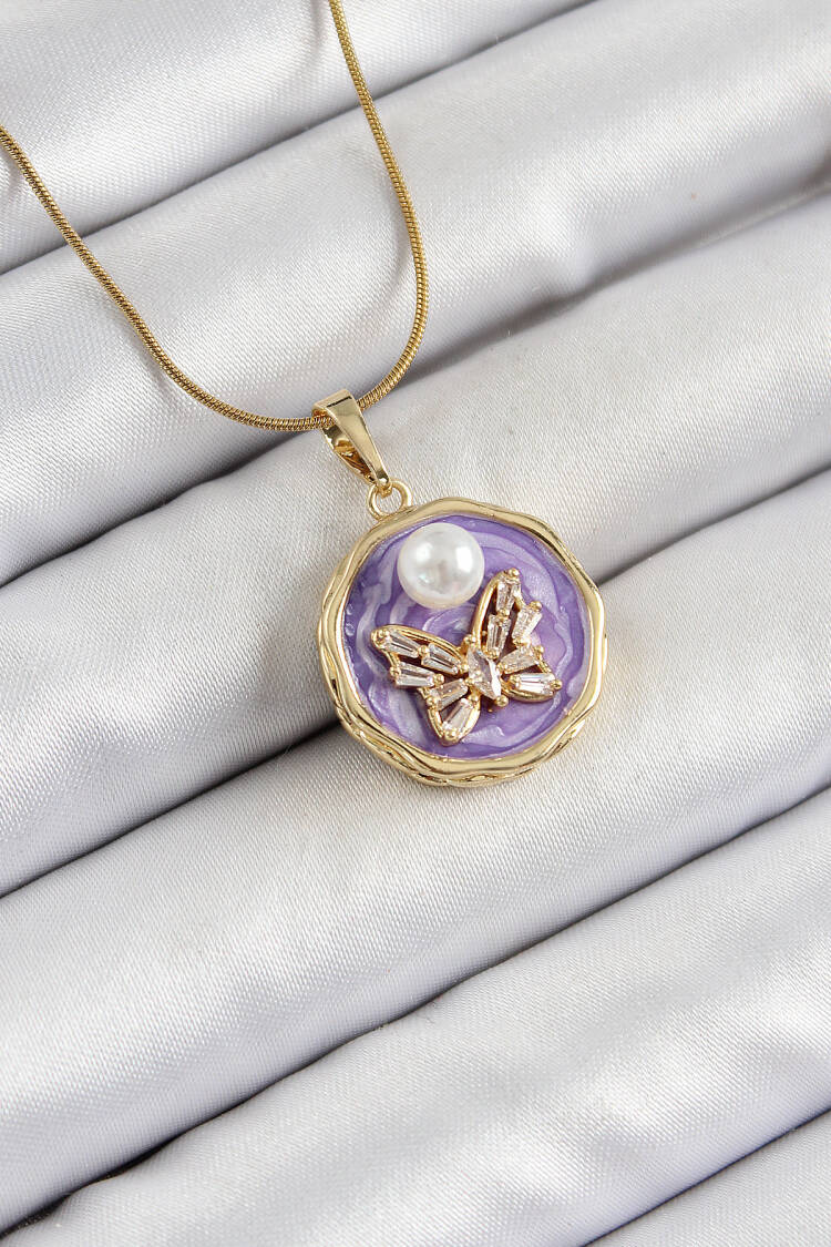 316l Steel Chain Zircon Stone Purple Artistic Portrait Pearl Detailed Butterfly Model Gold Color Women Necklace - Brand: Ebijuteri - Women's Clothing Wholesale - Globality Store