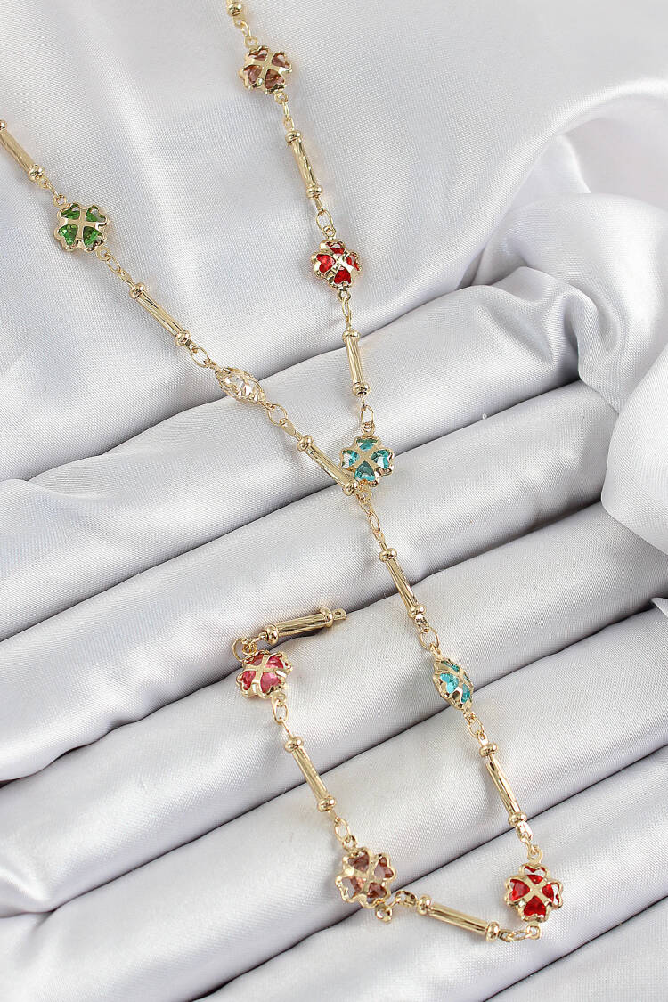 Brass Assorted Heart Clover Model Gold Color Zircon Stone Y Necklace - Brand: Ebijuteri - Women's Clothing Wholesale - Globality Store
