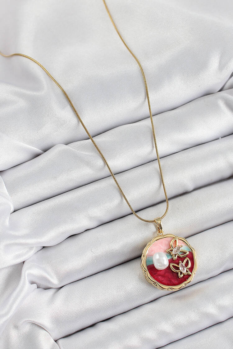 316l Steel Chain Zircon Stone Assorted Artistic Portrait Pearl Detailed Butterfly Figured Pattern Gold Color Women Necklace