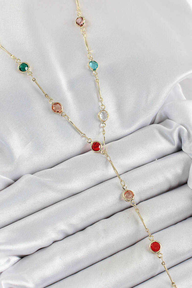 Brass Assorted Model Gold Color Zircon Stone Y Necklace - Brand: Ebijuteri - Women's Clothing Wholesale - Globality Store