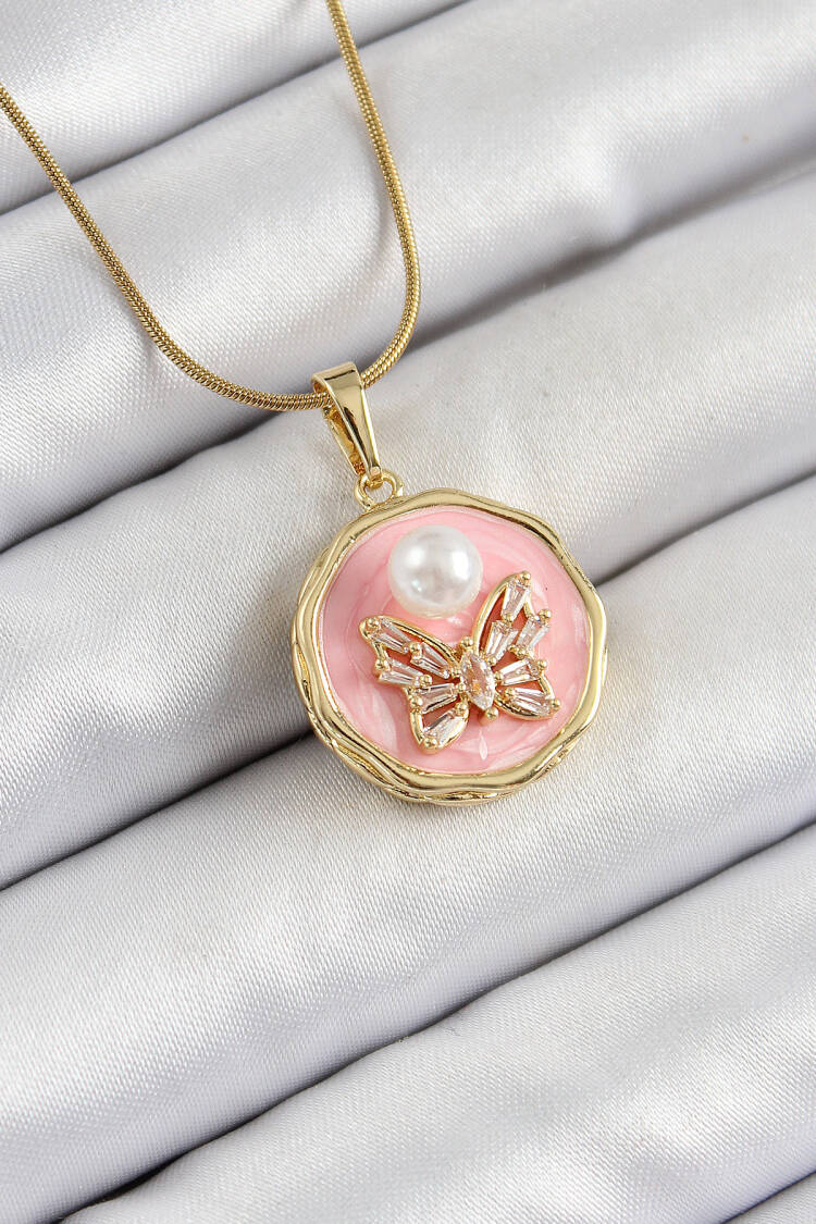 316l Steel Chain Zircon Stone Pink Artistic Portrait Pearl Detailed Butterfly Model Gold Color Women Necklace - Brand: Ebijuteri - Women's Clothing Wholesale - Globality Store