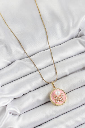 316l Steel Chain Zircon Stone Pink Artistic Portrait Pearl Detailed Butterfly Model Gold Color Women Necklace - Brand: Ebijuteri - Women's Clothing Wholesale - Globality Store